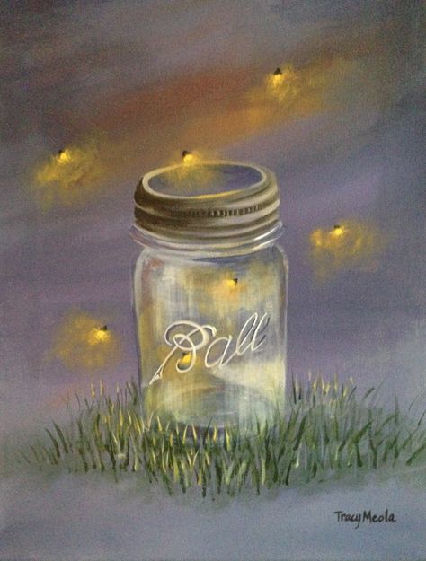 Catching Fireflies painting Acrylic on Canvas by Tracy Meola  Not Available Fireflies Painting, Firefly Painting, Firefly Art, Catching Fireflies, Jar Art, Painted Jars, Painted Mason Jars, Night Painting, Painting Class