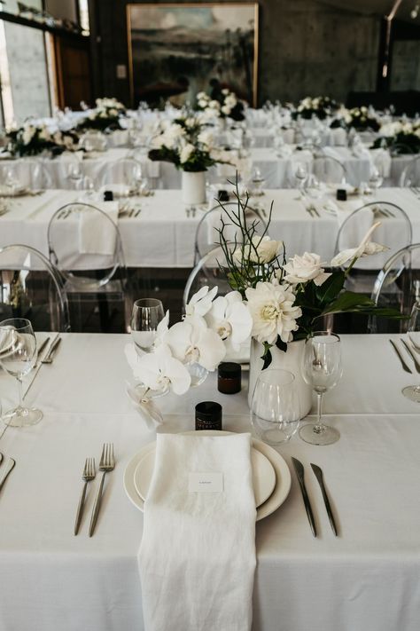 Monochrome Tablescape, Minimalist Wedding Reception, Engagement Themes, Black And White Wedding Theme, Minimalist Wedding Decor, White Wedding Theme, Party Hire, All White Wedding, Cream Wedding