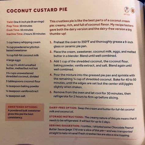 from Carolyn Ketchum’s Easy Keto Dessert book. Carolyn Ketchum Keto Recipes, Carolyn Ketchum, Coconut Creme Pie, Easy Keto Dessert, Custard Pie Recipe, Dessert Book, Keto Eating, Coconut Custard Pie, Bowl Ideas