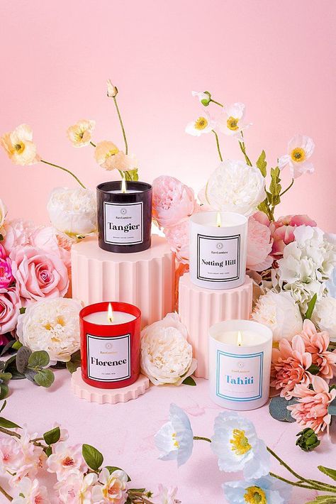 Photography Of Candles, Product Photography Ideas Candles, Candle Photo Shoot Ideas, Spring Candle Photography, Spring Product Photoshoot, Floral Product Photography, Colourful Product Photography, Product Photography Candles, Flower Product Photography