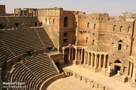 The Roman Theatre at Bosra (المسرح الروماني ببصرى‎), is a large Ancient Roman theatre in Bosra, in the district of Dar'a in south-western Syria. The Roman theatre of the early third century CE provides visual evidence of the grandeur of the city in classical antiquity as well as the importance of Bosra throughout the Muslim period. Bosra was once one of the main cities of the powerful Nabatean Kingdom, whose abandoned city of Petra is world-famous. Roman Theatre, Roman Republic, Roman City, Roman Architecture, Ancient City, Mesopotamia, Ancient Architecture, Ancient Rome, Ancient Romans