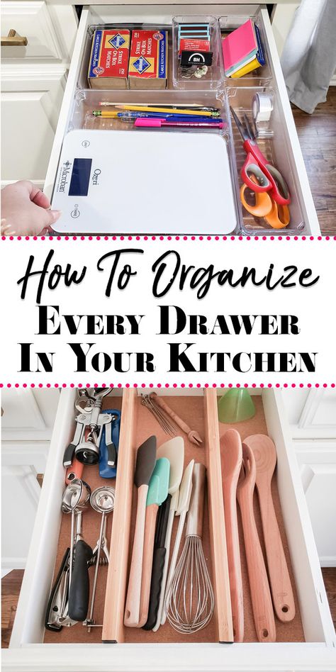 How to Organize Kitchen Drawers - From cooking tools to the junk drawer, see how we organize every drawer in our kitchen! Organize Kitchen Drawers, Kitchen Renovation Diy Ideas, Organize Kitchen, Kitchen Utensil Organization, Kitchen Storage Hacks, Utensil Drawer, Organized Kitchen, Organize Your Kitchen, Diy Kitchen Renovation