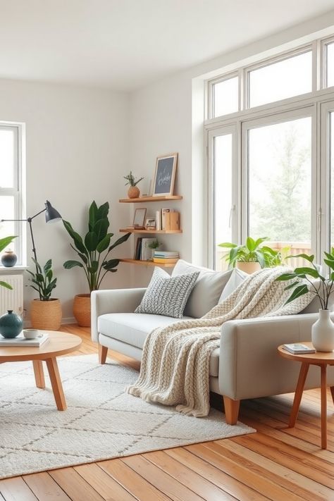 Bright, cozy living room with a gray sofa, wooden tables, plants, and large windows. Scandi Living Room Decor, Mid Century Scandinavian Living Rooms, Cozy Scandinavian Living Room, Scandi Apartment, Living Room Vibes, Scandi Home Decor, Scandi Living Room, Bungalow Ideas, Scandi Bedroom