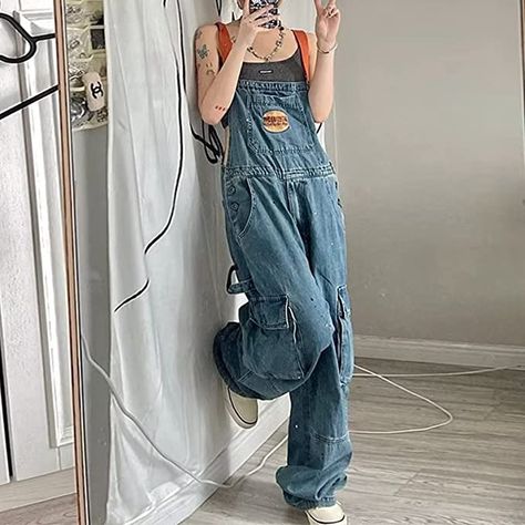 Women's Overalls Cargo Pants One Piece Denim Sweatpants Loose Fit Active Joggers Vintage Trousers with Pockets Baggy Overalls Aesthetic, 90s Street Fashion, Preppy Fabric, Aesthetic Boyfriend, Retro One Piece, Style Bleu, Strap Pants, Cool Girl Style, Random Outfits