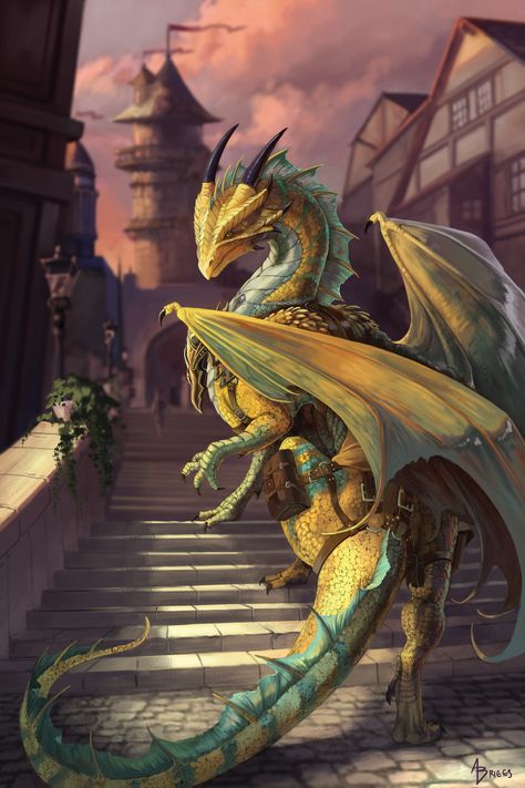 "Bronze Dragon Promenade" Character Commission of Kyvani Digital Art. #dnd #pathfinder ttrpg. #dragon #characterart #alliebriggsart Tiamat Dragon, Character Commission, Yin Yang Tattoos, Bronze Dragon, Fantasy Animals, Dnd Dragons, Cool Monsters, Beautiful Dragon, Dragon Rider