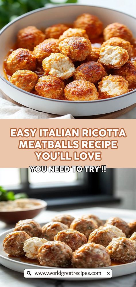 Bring a delightful twist to your Italian cuisine with homemade ricotta meatballs! This recipe combines rich ricotta cheese with classic Italian seasonings for meatballs that are not only flavorful but also incredibly moist. Perfect for serving over pasta, in a hearty sandwich, or as an elegant appetizer, these ricotta meatballs will quickly become a family favorite. Check out our serving suggestions and storage tips to make the most of this versatile dish! Moist Meatballs, Quick Easy Family Meals, Ricotta Meatballs, Italian Seasonings, Homemade Ricotta, Elegant Appetizers, Meatballs Recipe, German Recipes, Easy Italian