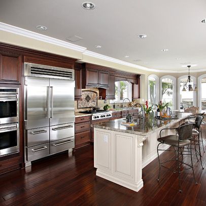 Dark Cabinets With White Island, Cherry Wood Kitchens, Cherry Wood Floors, White Island, Wood Floor Kitchen, Cherry Kitchen, Traditional Kitchen Design, Dark Wood Cabinets, Cherry Cabinets