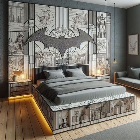 Batman Bedroom Ideas Boys, Comic Themed Room, Batcave Room, Dc Bedroom, Gotham Asylum, Batman Bed, Batman Bedroom, Anime Bedroom Ideas, Men Bed