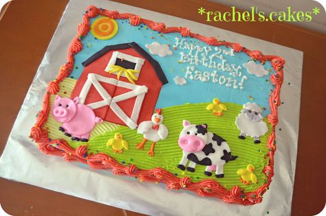 Farm sheet cake Farm Birthday Cakes, Barnyard Cake, Barn Cake, Farm Animal Cakes, Sheet Cake Designs, Animal Birthday Cakes, Farm Theme Birthday, Birthday Sheet Cakes, Farm Animals Birthday Party