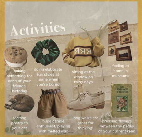 Hufflepuff Activities, Goblincore Hobbies, Goblincore Activities, Cottagecore Playlist, Acedamia Aesthetic, Cottagecore Things, Cottagecore Ideas, Gothic Culture, Cottagecore Room Decor