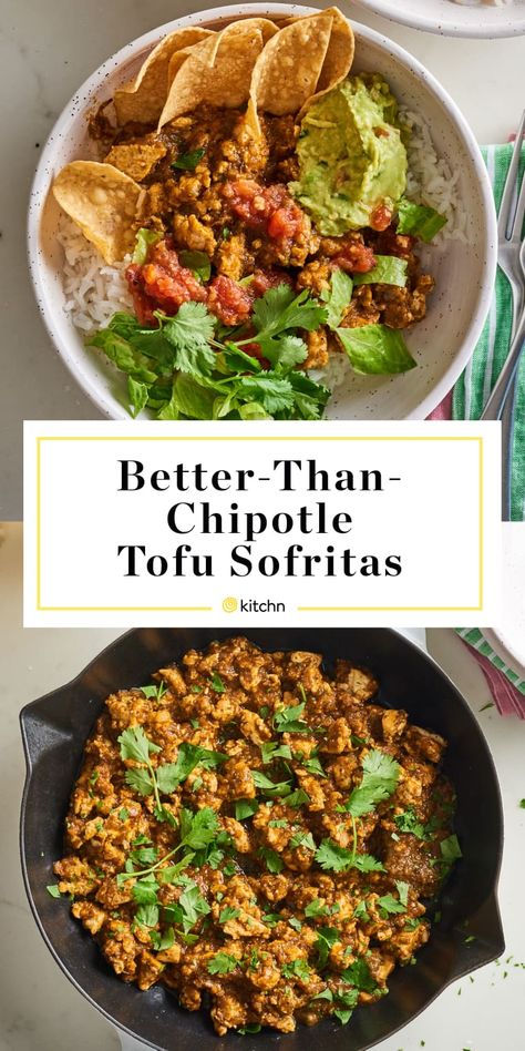 Better-Than-Chipotle Tofu Sofritas | Kitchn (2-4 servings)  When it comes to a meat-free topping for burrito bowls and taco salad, nothing packs as much flavor and spice as a big scoop of saucy sofritas. Here’s how to make an even better version of this vegetarian takeout favorite at home.  Nutrition Per serving, based on 4 servings.  Calories 152, Fat 10.3 g, Saturated 1.7 g, Carbs 7.9 g, Fiber 2.2 g, Sugars 3.6 g, Protein 9.9 g Mexican Tofu Recipes, Sofritas Tofu, Tofu Sofritas, Chipotle Sofritas, September Recipes, Vegan Burrito Bowl, Vegan Burritos, Chipotle Tofu, Vegan Burrito