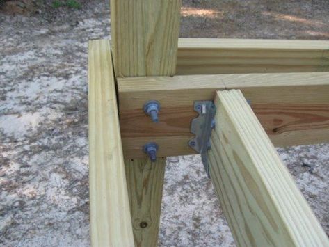 Bolts connect front and back frame and posts Deck On Uneven Ground, Elevated Deck, Deck Building Plans, Building A Floating Deck, Outdoor Living Deck, Terrasse Design, Deck Framing, Deck Layout, Floating Deck