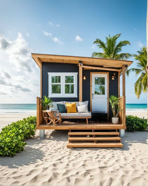 Tropical Tiny House Design, House On A Beach, Tiny Beach Bungalow, Tiny House Tropical Design, Bungalow Camping, Mini Beach House Tiny Homes, Modern Beach Cottage, Beachside Bungalow Dollhouse Interior, Pre Fab Tiny House