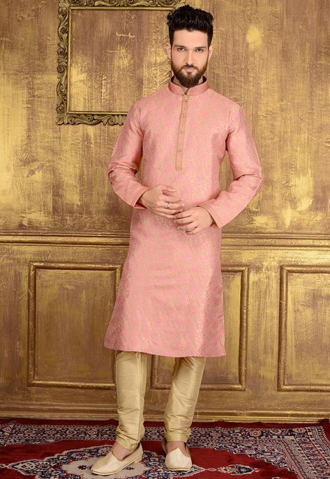 Art Silk Jacquard Kurta in Pink This Readymade attire with Poly Cotton Lining is Woven in Paisley and Ornamental Motifs and is Crafted in Chinese Collar Neck and Full Sleeve Available with an Art Dupion Silk Churidar in Beige Do note: Footwear shown in the image is for presentation purposes only. Half to one inch may vary in measurement. (Slight variation in actual color vs. image is possible) Pink Kurta For Men Wedding, Pink Kurta For Men, Kurta For Men Wedding, Brocade Kurta, Mens Indian Wear, Latest Mens Wear, Kurta Pajama Men, Groom Dress Men, Black Kurta