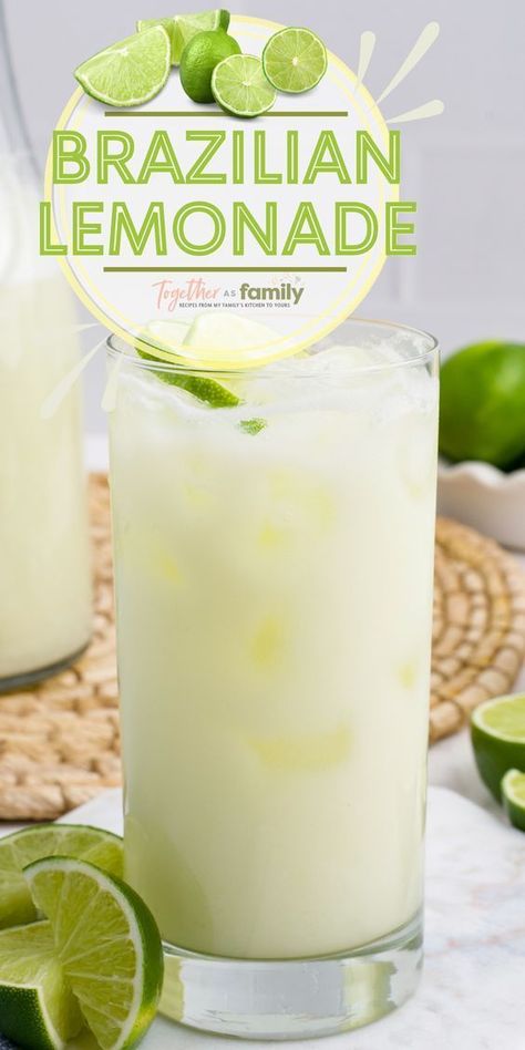 Brazilian Lemonade is a 4 ingredient lemonade made with fresh limes, water, sugar, and sweetened condensed milk. It’s so creamy, tart, sweet, and super refreshing. This is a non-alcoholic drink recipe that everyone can enjoy! Italian Cream Soda Recipe, Fruit Punch Recipe, Brazilian Lemonade, Italian Cream Soda, Soda Recipe, Cherry Limeade, Milk It, Lemonade Drinks, Fresh Drinks