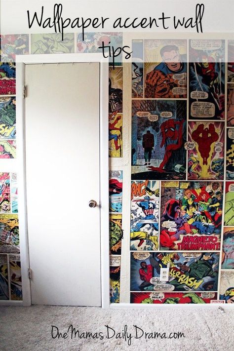 Wallpaper accent wall tips | One Mama's Daily Drama --- How to hand comic book wallpaper and create an accent wall. Check out the before and after pics! Comic Book Characters Female, Comic Book Bedroom, Comic Book Rooms, Comic Book Crafts, Comic Book Nails, Daily Drama, Comic Book Wallpaper, Comic Book Costumes, Comic Book Display