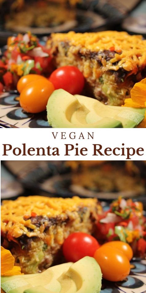 Vegan Polenta Pie Recipe. Packed with vegetables, this vegan polenta pie also has protein from black beans and vegan cheddar shreds! We packed it full of onions, garlic, carrots, broccoli, swiss chard... anything we had on hand. We added our favorite Latin American seasonings like chili powder and cumin and mixed it all together. Vegan Refried Black Beans, Polenta Recipes Vegan, Polenta Pie, Polenta Casserole, Vegan Polenta, Garden Fresh Salsa, Refried Black Beans, Garlic Carrots, Carrots Broccoli