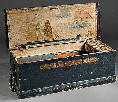 Sea Chest - 1870's Folk Art Whale, Trunk Boxes, Maritime Art, Sea Bags, Antique Trunk, Trunks And Chests, Painted Chest, Primitive Antiques, Blanket Chest