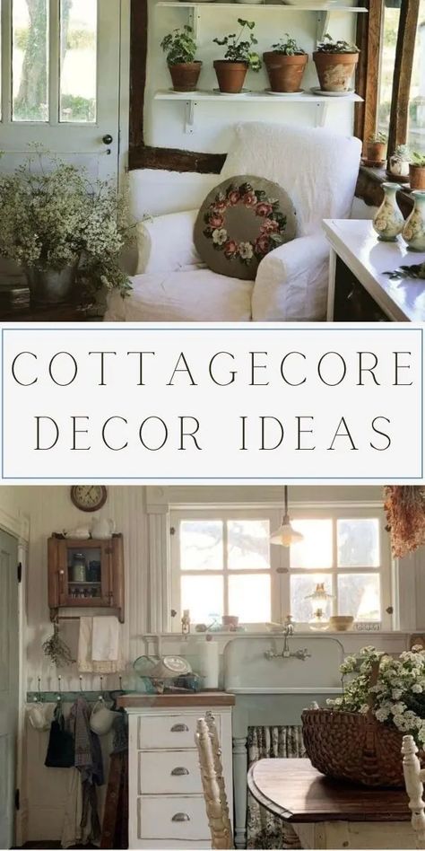 The cottagecore aesthetic is a new trend depicting a simpler life, a rural life, a charming way of living. Here are cottagecore decor ideas to create this look or lifestyle. Photo ideas and detailed instructions teaching how to decorate a cottagecore home. Using rustic furniture, vintage decor like vases, botanical art of mushrooms, butterflies, and flowers. Cottage core decorating ideas from farmcore, grandmacore, gardencore, meadowcore and more. Cottagecore Decor Ideas, What Is Cottagecore, Laundry Cafe, Cottage Core Diy, Cottagecore Homes, Scandinavian Cottage Style, Cottage Core Home Decor, Cottage Core Home, Cottagecore Living