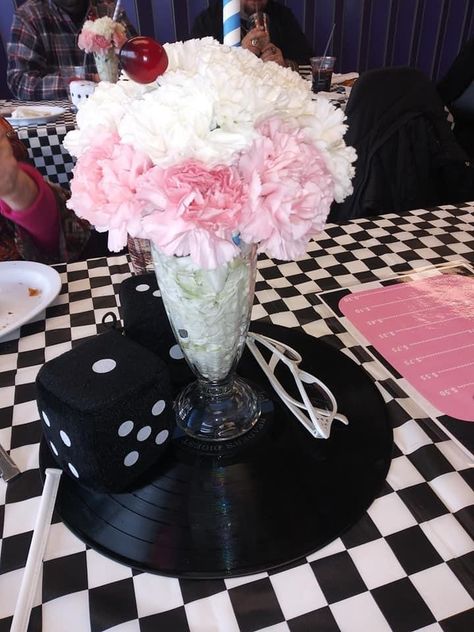 Grease Themed Table Decorations, Grease Theme 1st Birthday Party, Grease Table Decorations, Sock Hop Table Centerpieces, Grease Themed Wedding, Grease Party Games, Grease Themed First Birthday, 50s Theme Birthday Ideas For Women, Rockabilly Decorations Party