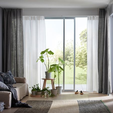 double curtain for the living room Sliding Glass Door Window Treatments, Glass Door Curtains, Dark Grey Living Room, Sliding Glass Door Curtains, Sliding Glass Door Window, Sliding Door Window Treatments, Sliding Door Curtains, Grey Furniture Living Room, Door Window Treatments