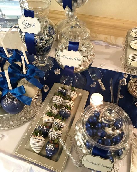 Royal Blue, Silver and White Wedding Party Ideas | Photo 2 of 17 | Catch My Party Royal Blue Silver And White Decorations, Blue Silver And White Wedding, Blue Theme Party, Silver And White Wedding, Diamonds And Denim Party, Royal Blue Quince, White Wedding Party, Silver Wedding Theme, Blue Sweet 16