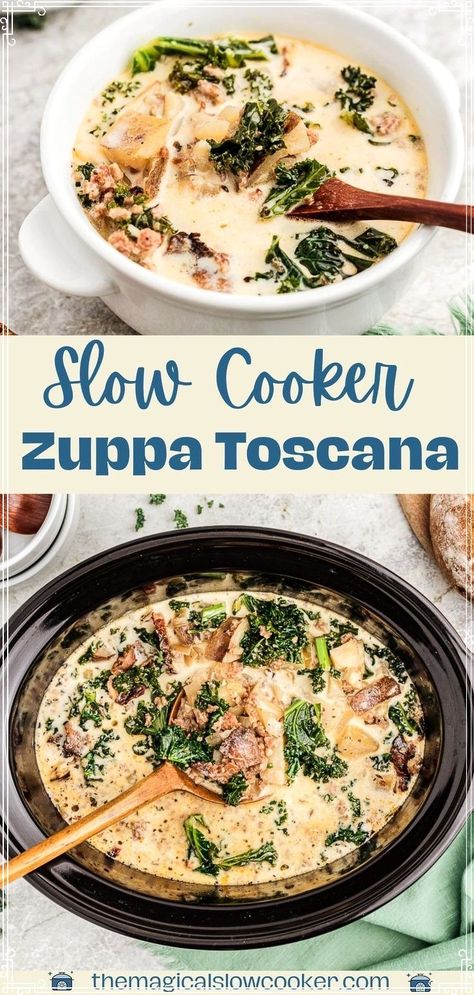 Try Zuppa Toscana made in the crock pot, with potatoes, sausage, and kale. Great for a weeknight dinner. You will love this easy copycat Zuppa Toscana recipe that is an Olive Garden Copycat! Crockpot Zuppa Toscana, Zuppa Toscana Soup Olive Garden, Olive Garden Copycat, Zuppa Toscana Soup, Toscana Soup, Vegetarian Crockpot Recipes, Italy Home, Italian Soup, Crockpot Recipes Beef