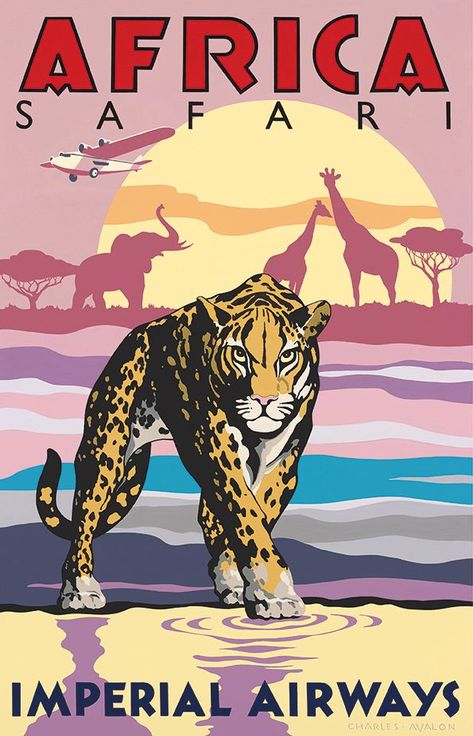 'Africa Safari - Imperial Airways' by Charles Avalon - Vintage travel posters - Art Deco - Pullman Editions Vintage Travel Posters Art Deco, Imperial Airways, Vintage Films, Vintage Airline Posters, Postal Vintage, Advertising Posters, Safari Travel, Deco Poster, Vintage Airlines