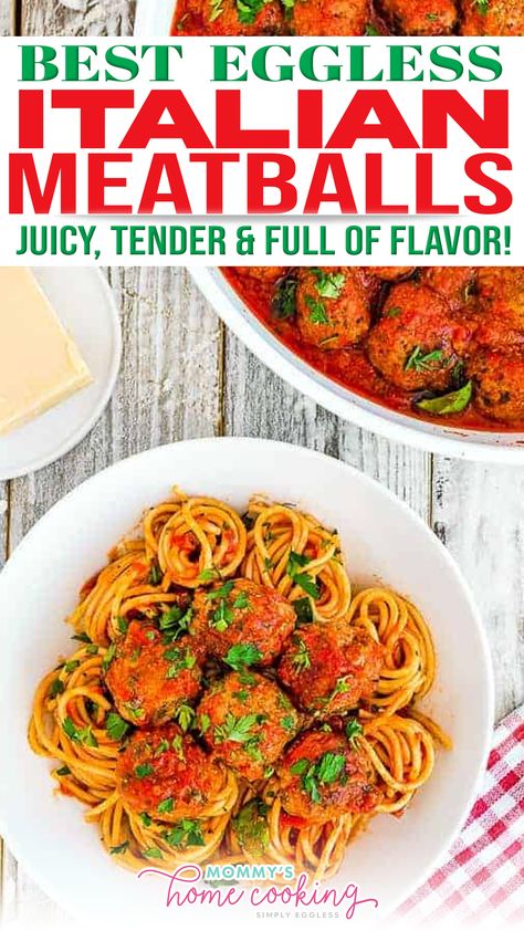 These Eggless Italian Meatballs are juicy, tender and full of flavor. No eggs? No problem! Here I share how to make perfect eggless meatballs every time and you won’t even notice the difference. These Italian Meatballs with Tomato Sauce are a classic comfort food and everyone’s favorite. And now you can make the Best Eggless Italian Meatballs. | @mommyhomecookin #howtomakeegglessmeatballs #bestegglessrecipes #quickegglessfamilydinner Eggless Meatball Recipes, No Egg Meatballs, Meatball Recipes No Egg, Meatballs No Egg, Eggless Meals, Eggless Meatballs, Meatballs Without Eggs, Eggless Dinner, Egg Free Meatballs