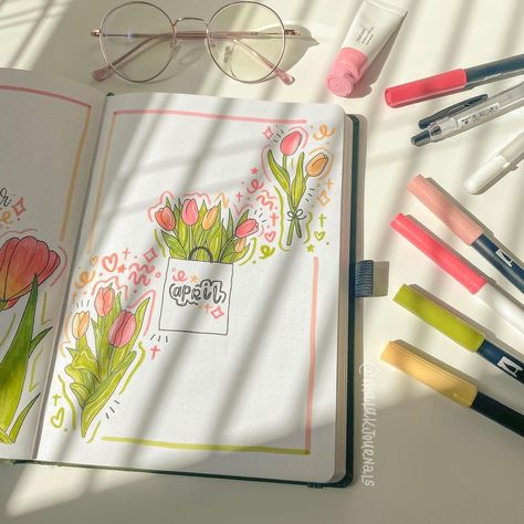 happy april everyone!! 🫶🏻🌷 - i wanted to do a flower theme but i’m not big on flowers but i do love tulips they’re my favorite so that’s… | Instagram April Bullet Journal Cover Aesthetic, Spring Bullet Journal Theme, Tulip Bullet Journal, Flower Bullet Journal Theme, Flower Journal Ideas, April Journal Ideas, Bullet Journal Flowers, Flower Bullet Journal, Spring Bullet Journal