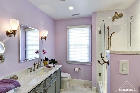 30 Purple Primary Bathroom Ideas (Photos) Lilac Bathroom Ideas, Taupe Vanity, Gray And Purple Bathroom, Primary Bathroom Ideas, Lilac Bathroom, Purple Dining, Beige Marble Tile, Purple Dining Room, Lavender Bathroom