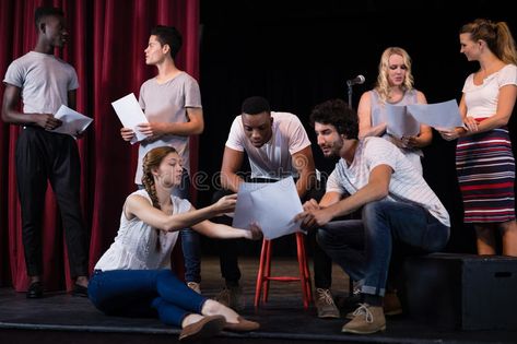 Actors reading their scripts on stage. In theatre stock photography Theatre Rehearsals, Acting Quotes, Student Images, Acting Auditions, Acting Techniques, Business Workshop, Small Theatre, Diy Bird Bath, Acting Class