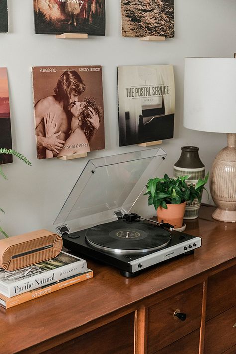 Our New Turntable And Vinyl Wall - Dream Green DIY Record Wall Bedroom, Green Vinyl Aesthetic, Vinyls On Wall, Vinyl On Wall, Vinyl Record Room, Vinyl Records Wall, Vinyl Record Display, Vinyl Room, Record Room