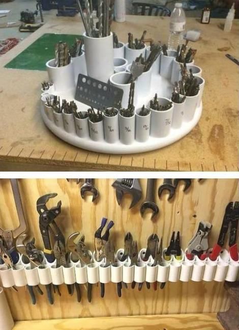 Small Storage Ideas, Pvc Pipe Storage, Garage Organization Tips, Garage Organisation, Storage Shed Organization, Garage Workshop Organization, Pvc Pipe Crafts, Pvc Pipe Projects, Garage Organization Diy