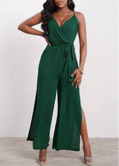 Tie Side Dark Green Spaghetti Strap Jumpsuit | Rotita.com - USD $32.98 Dark Green Jumpsuit, Dark Green Tie, Yacht Party Outfit, Tech Outfit, Green Dress Outfit, Bridesmaids Jumpsuits, Spaghetti Strap Jumpsuit, Green Spaghetti, Vacay Vibes