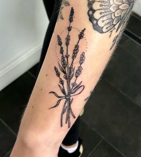 Lavender Bushel Tattoo, Big Lavender Tattoo, Unique Botanical Tattoo, Lavender Twig Tattoo, Bunch Of Lavender Tattoo, Lavender Tattoo On Leg, Black And Grey Lavender Tattoo, Lavender Tattoo Sleeve, Lavender Sleeve Tattoo