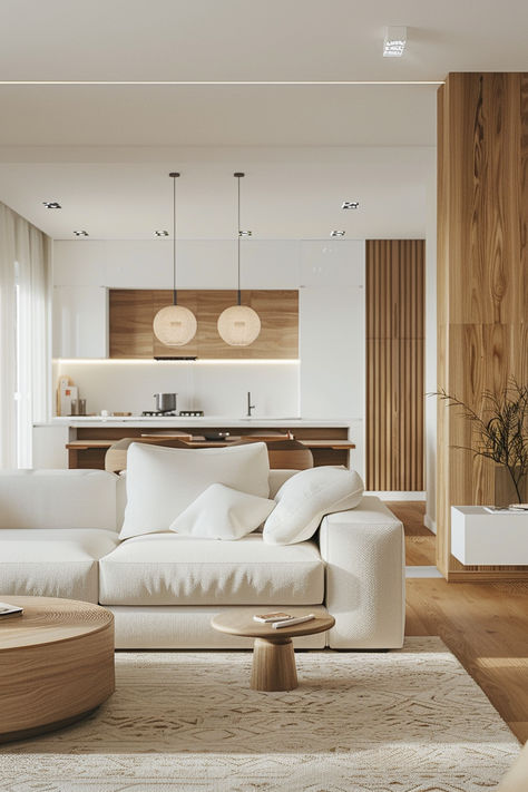 Interior design and home decor White And Wood Home Aesthetic, White And Brown Apartment, Light Wood Living Room, Living Room Design Wood, Brown Sofa Living Room, Condo Interior, Living Room Warm, Small House Floor Plans, Aesthetic Living Room