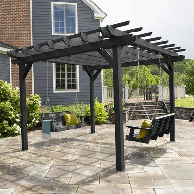 The pergola creates an earthy feel with its open and clean-lined support beams that meet to provide natural shade. This is a structure that will withstand even the harshest climates to provide an airy and sturdy escape year after year. The pergola is as “easy on the eyes” as it is on the body… meaning no sanding or staining required ever. The Porch swings bring carefree relaxation and seating to the arrangement, making it a perfect addition to any outdoor entertaining space. A mounting kit and f Pergola Metal, Pergola Diy, Steel Pergola, Wood Pergola, Shade Canopy, Diy Pergola, Shade Sail, Swing Set, Outdoor Oasis