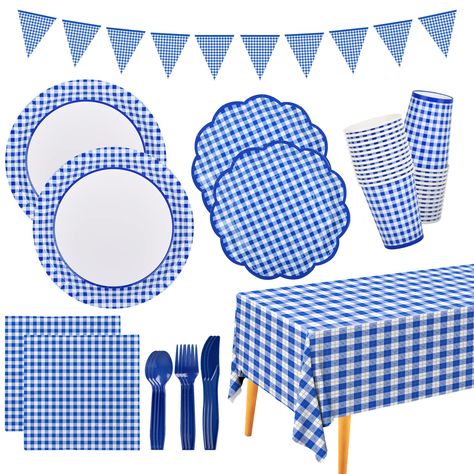 PRICES MAY VARY. GINGHAM SUPPLIES INCLUDING: 25*dinner paper plates(9 inches), 25*dessert paper plates(7inches), 25* knives, 24*forks, 25*spoons, 25*napkins, 25*paper cups(9oz), 1*tablecloth(54*108inches)，1*Banner ECO-FRIENDLY & DURABLE PARTY TABLEWARE: the disposable paper plates, cups and napkins made of thick paper material and are all printed with food grade water-based ink which is suitable for food contact. The package also includes knives, forks and spoons to make the party preparation ea Blue And White Party, Dinner Picnic, Gingham Party, Father's Day Party, Gingham Napkins, Cloth Banners, 70th Birthday Parties, 80th Birthday Party, Theme Color