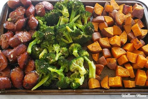 Sheet Pan Honey Garlic Sausage, Sweet Potato, and Broccoli Recipe Honey Garlic Sausage Recipes, Honey Garlic Kielbasa, Roasted Sweet Potatoes And Broccoli, Honey Garlic Sausage, Sweet Potatoes And Broccoli, Honey And Garlic, Potatoes And Broccoli, Meal Train, Sausage Dinner