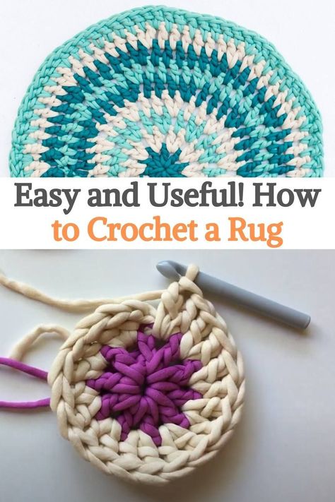 This beautiful and functional rug is ideal for the bathroom, kitchen, nursery, or anywhere you want to light up a room! This simple crochet project is great for beginners.You're going to use a big hook to make this rug, and it's really BIG! That's half the fun of this project, go on quickly and you will see instant results. Easy Crochet Rug Patterns Free, Crochet Rug Patterns Free Round, Crochet Rug Patterns Free Rectangle, Crochet Rugs Free Patterns Easy, Crochet Circle Rug, Crochet Bathroom Rug, Crochet Area Rug, Crochet A Rug, Easy Crochet Rug Patterns