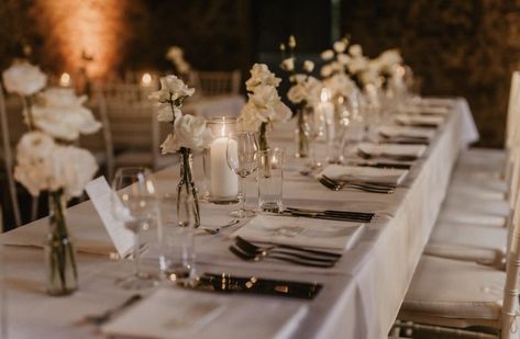 Pillar Candle Centerpiece Long Table, White Flowers Rectangle Table, Minimal Candle Wedding Decor, Bud Vase Head Table Wedding, 8 Ft Rectangle Table Wedding, Rectangle Table Setting Ideas Wedding, Wedding Floral Centerpieces Long Table, Wedding Reception Rectangle Table Decor, Simple Wedding Long Table Decor