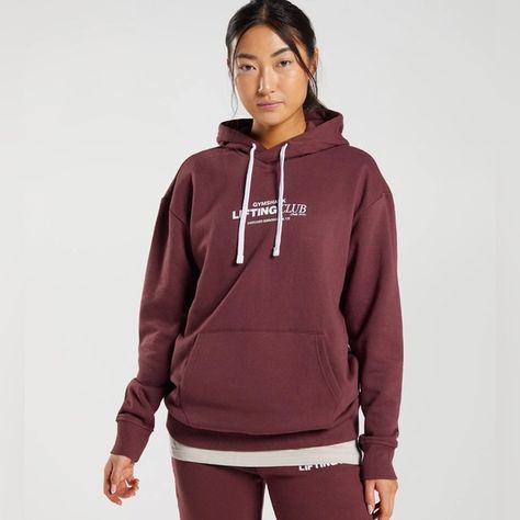 Gymshark Oversized Hoodie Collegiate Social Club Burgundy Cherry Brown Womens XS Club Branding, Gym Jacket, Cherry Brown, Collegiate Style, Join The Club, Vest Crop Top, Gymshark Women, Oversized Hoodie, Social Club