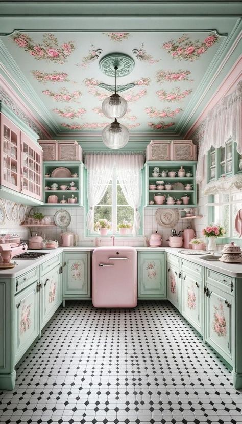 Pastel Vintage Kitchen, Mint Green Interior Design, Pink And Green House, Pastel Kitchen Ideas, Fun Kitchens, Retro Bungalow, Pearl Kitchen, Pink Retro Kitchen, Retro Pink Kitchens