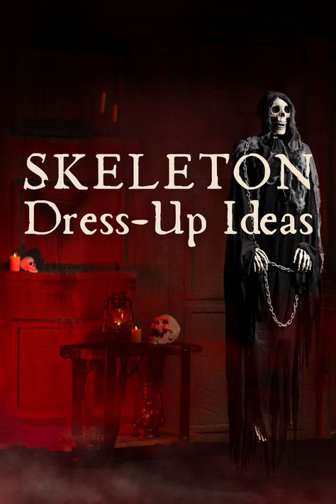 Are you looking for a fun way to reuse old Halloween costumes? Maybe you want to change up the way you decorate with your skeletons. Find ideas for costumes for your skeletons to wear, cool décor arrangements and more tips and tricks for dressing skeletons for Halloween! Dressing Skeletons For Halloween, Skeletons For Halloween, Fake Skeleton, Life Size Skeleton, Old Halloween Costumes, Ideas For Costumes, Skeleton Dress, Fun Office, Dress Up Ideas