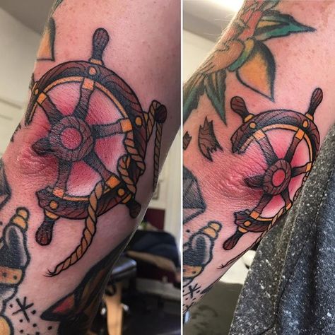 Ship Wheel Tattoo Elbow, Nautical Wheel Tattoo, Traditional Wheel Tattoo, Nautical Elbow Tattoo, Neotraditional Nautical Tattoo, American Traditional Ship Wheel Tattoo, Dark Nautical Tattoo, Neotraditional Elbow Tattoo, Nautical Knee Tattoo