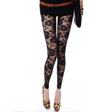 New Retro Sexy Net yarn Lady Rose Lace Elegant Through Leggings Pants Footless Black White Women Summer Skinny Nine Pants - AliExpress Spring Lace Tight Legwear, Spring Lace Stretch Tights, Elegant Lace Thigh-high Tights, Black Sheer Tight Leggings, Tight Black Sheer Leggings, Rose Lace, Leggings, Yarn, Black And White