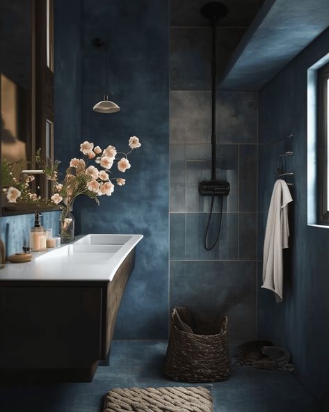 24 Interior Design Trends That Will Take Over 2024 Water Inspired Bathroom, Navy Limewash, Color Pop Bathroom, Blue Spa Bathroom, Limewash Bathroom, 2024 Home Decor Trends, Luxury Spa Bathroom, Spa Like Bathrooms, 2024 Home Decor