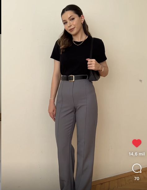 How To Style Grey Trousers Women, Dark Gray Slacks Outfit Women, Grey Business Pants Outfit, Gray Work Pants Outfit, Grey Pants Work Outfit, Gray Slacks Outfit Women, Grey Pants Outfit, Slacks Outfit, Coat Outfit Casual