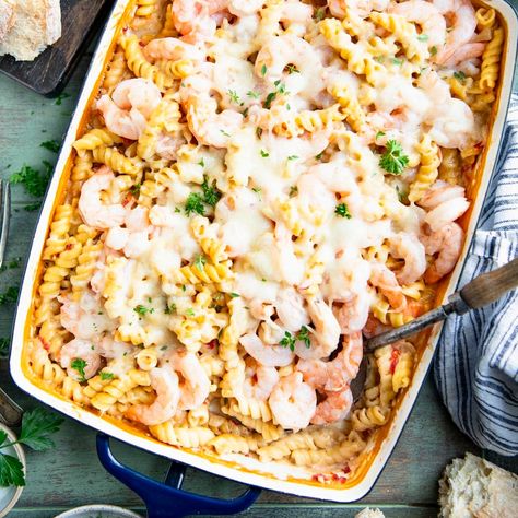 Dump-and-Bake Shrimp Alfredo - The Seasoned Mom Baked Shrimp Alfredo, Shrimp Alfredo Bake, Bake Shrimp, Easy Baked Shrimp, Clam Sauce Linguine, Shrimp Alfredo Recipe, Alfredo Bake, Baked Shrimp Scampi, Creamy Shrimp Pasta